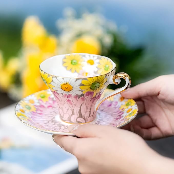 Aynsley Corset Daisy 9-Piece Tea Set with Pink Teapot & Fine Bone China Tea Cups and Saucer Set, English Floral Design with Gold Trim, Luxury Gift - Bloomnest