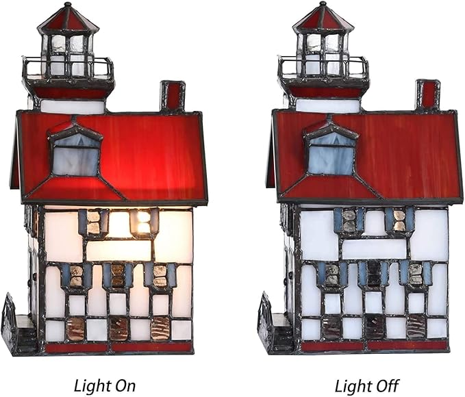 Bieye L10778 Lorain Lighthouse Tiffany Style Stained Glass Accent Table Lamp Night Light for Home Decoration (4x5x9, Red) - Bloomnest