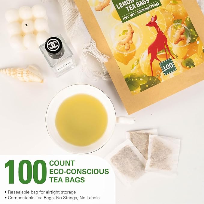 WT WEETEE Lemon & Ginger Herbal Tea, 100% Natural Ingredients, Made With Lemongrass, 100 Count Caffeine-Free Tea Bags - Bloomnest