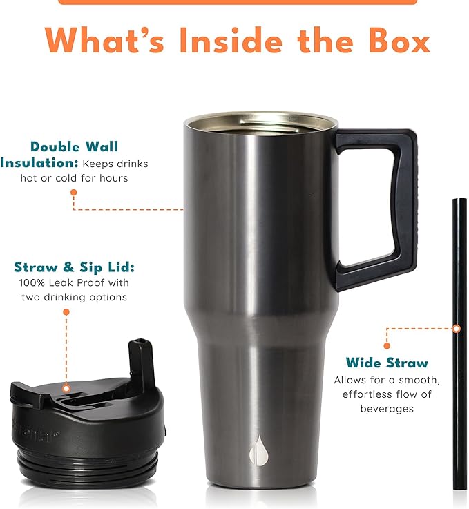 Elemental 32 oz 100% Leak Proof Tumbler with Handle & Straw - Stainless Steel Double Wall Insulated Tumbler for Hot and Cold Beverages - Travel Coffee Mug with Sip & Straw Lid - Gunmetal - Bloomnest