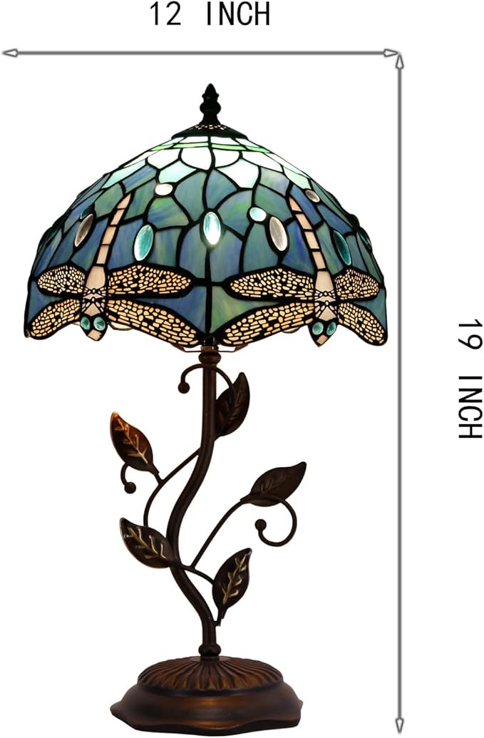 Tiffany Lamp Blue Dragonfly Style Stained Glass Table Lamp Desk Bedside Reading Light 12X12X19 Inches with Metal Leaf Base Decor Bedroom Living Room - Bloomnest
