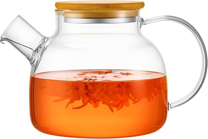 PARACITY Glass Teapot Stovetop 34oz/1000ml, Borosilicate Clear Tea Kettle with Removable 18/8 Stainless Steel Infuser,Glass Tea Kettle with Wooden Lid, Teapot for Loose Leaf Tea Fruit Tea Fragrant Tea - Bloomnest