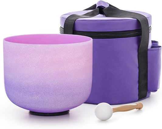 Rainbow F Note Heart Chakra Pink-Puprle Color Frosted Quartz Crystal Singing Bowl 8 Inch With Carrying Case,for Yoga,Meditation and Sound Healing - Bloomnest