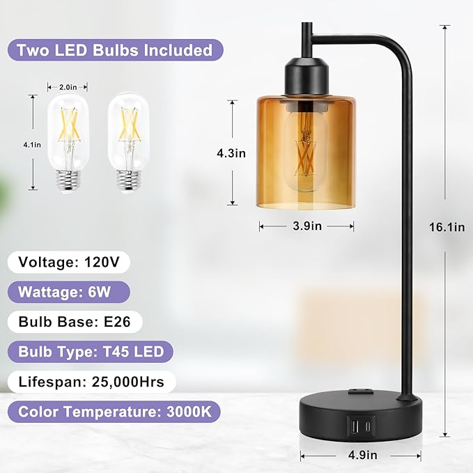 Industrial Touch Nightstand Lamps for Bedrooms Set of 2 - 3-Way Dimmable Table Lamps with USB C+A Ports and Outlet, Bedside Lamps with Amber Glass Shade for Living Room, Desk Lamps for Home Office - Bloomnest