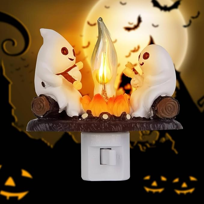 Ghost Campfire Night Light, White Plastic, LED Flickering Flame Effect, Indoor Decorative Wall Plug-in, Spooky Decor for Kids Bedroom - Bloomnest