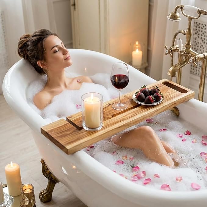 EcoDecors Eleganto 42" Live Edge Solid Teak Bath Caddy Tray with Handle, Book & Tablet Holder, Wine Glass Holders, Luxury Bathtub Tray - Bloomnest