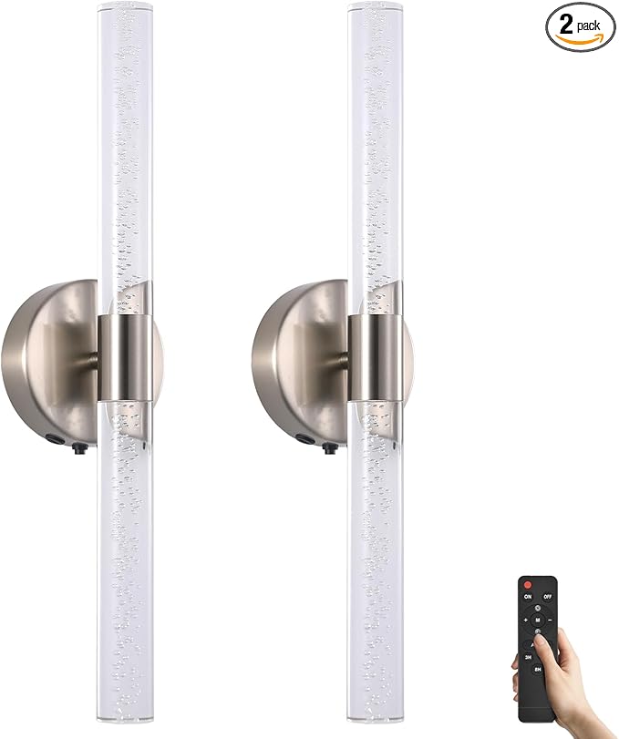 Modern LED Battery Operated Wall Sconces Set of Two, Dimmable Bathroom Crystal Wall Sconce, USB Rechargeable Brushed Nickel Vanity Wall Lamp, Bubble Wall Lights For Bedroom, Living Room. 20-Inch - Bloomnest