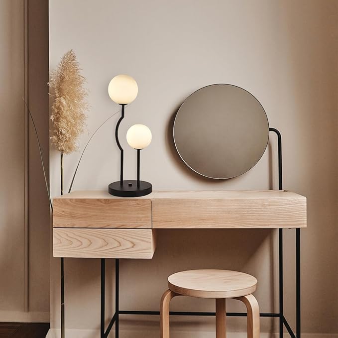 Black Mid Century Globe Table Lamp Industrial Retro 2 Lights Orb Desk Lamp with White Glass Globe Bedside Reading Light for Bedroom Living Room Study Room - Bloomnest