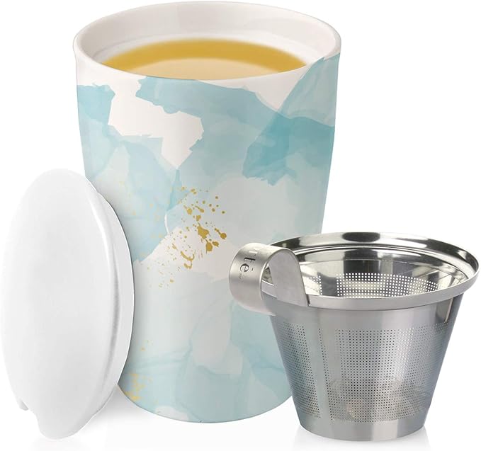 Tea Forte Double-Walled Ceramic Kati Cup, Removable Stainless Steel Infuser Basket and Lid, Steeps 12 oz Loose Leaf Tea, Dishwasher & Microwave Safe, Wellbeing - Bloomnest