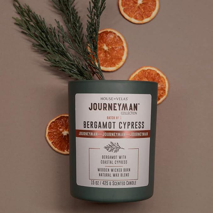 Journeyman Collection Candle, 15oz, Wooden Wick, Bergamot Cypress, Large Painted Jar - Bloomnest