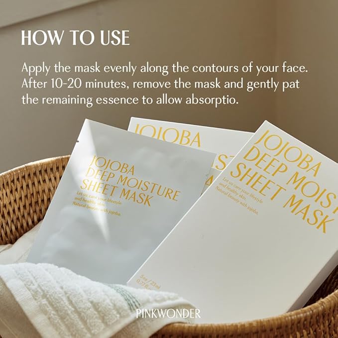 PINKWONDER Jojoba Deep Moisture Sheet Masks (5EA), Jojoba Oil and Hyaluronic Acid, Soothing for Dry and Sensitive Skin, Vegan Fabric, Korean Skincare - Bloomnest