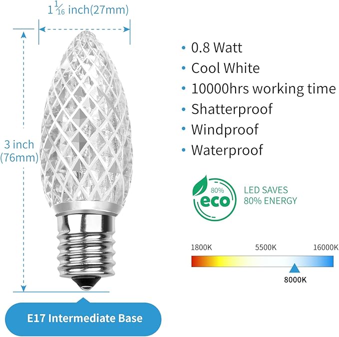 Meconard C9 Led Replacement Christmas Light Bulbs, C9 Shatterproof Led Bulbs for Christmas Indoor Outdoor String Lights, E17 Intermediate Base, Commercial Grade Holiday Bulbs, Cool White, 50Pack - Bloomnest