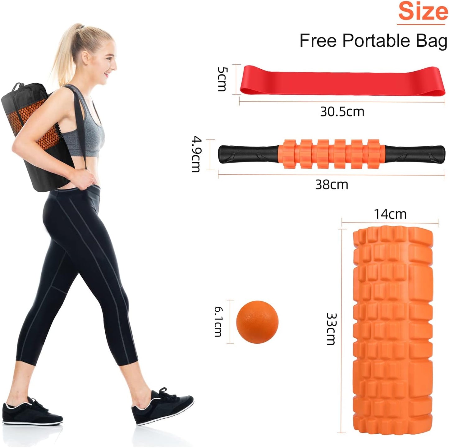 5 in 1 Foam Roller Set Includes Hollow Core Massage Roller, Yoga Stick, Massage Ball, Fitness Stretching Strap, Carrying Bag, Towel, Massage Roller (Orange)
