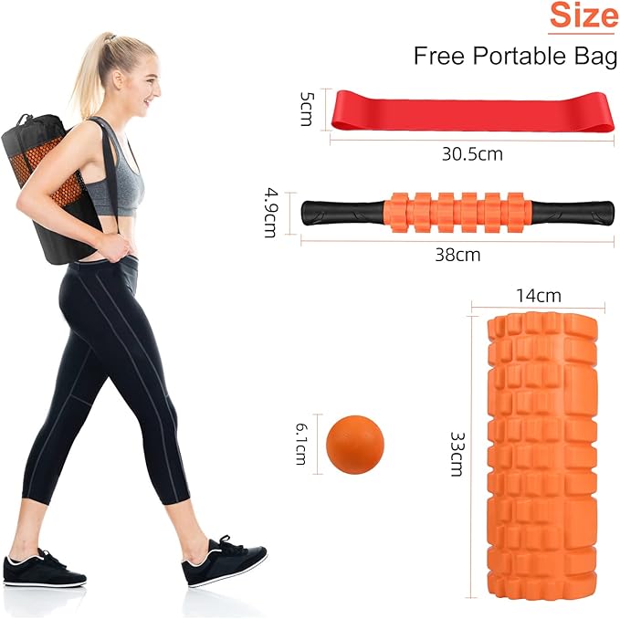 5 in 1 Foam Roller Set Includes Hollow Core Massage Roller, Yoga Stick, Massage Ball, Fitness Stretching Strap, Carrying Bag, Towel, Massage Roller (Orange) - Bloomnest