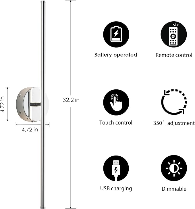 Battery Operated Wall Sconces with Remote Control, Dimmable Wall Sconces Set of Two, 350°Rotate, 3000K LED Chrome Wireless Wall Light for Living Room, Bedroom,Hallway, 32.2 Inch (2 Pack) - Bloomnest
