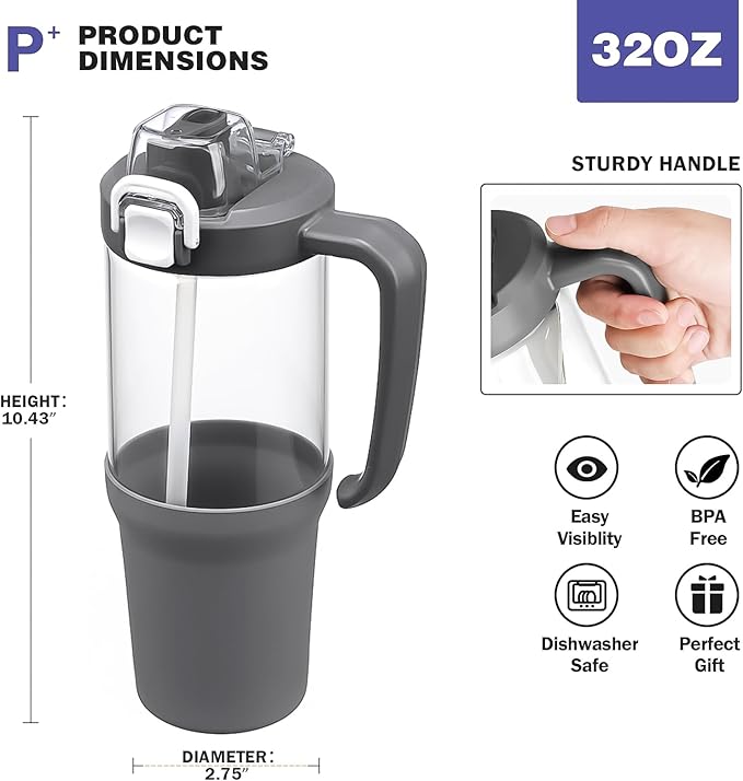 32 oz Glass Tumbler with Handle, 2-in-1 Straw and Sip Spout, Leakproof, BPA-Free Glass Water Bottle for Sports, Office, School, Grey - Bloomnest