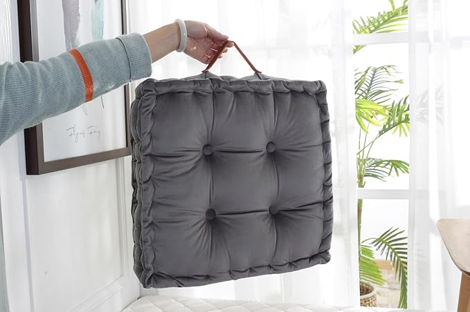 Floor Cushion Pillow, 16.5" Square Floor Cushion Seating for Adults Velvet Thick Meditation Cushion with Handles Decorative Floor Pillow for Yoga Living Room Bedroom Tatami, Grey - Bloomnest
