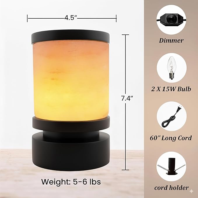 POHS Himalayan Pink Salt Round Lamp with Premium Black Polished Wooden Base, 60'' Long Dimmer Switch Cord and Two Light Bulbs; Hand Crafted,for Home, Office and Gift for Christmas