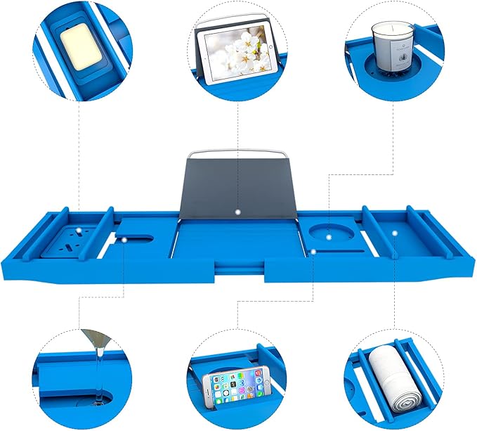 Domax Bathtub Caddy Tray - Expandable Bamboo Tub Tray for Luxury Spa Bath with Book Holder Free Soap Dish Blue - Bloomnest