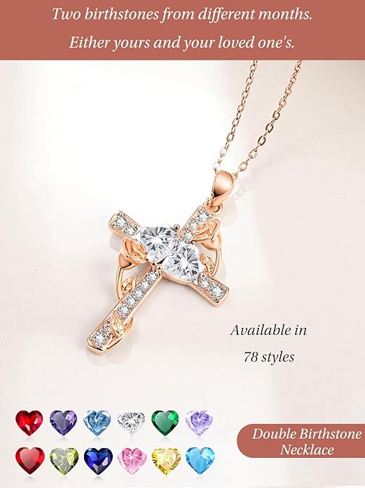 Rose Gold Dual Birthstones Cross Necklace for Women Rose Flower Jewelry Anniversary Christmas Mother's Valentine's Day Birthday Gift for Wife Girlfriend Mom - Bloomnest