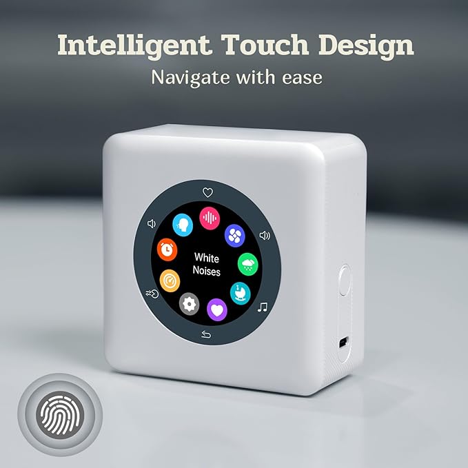 Kipcush Portable White Noise Sound Machine with Intelligent Color LCD Touch Screen, Guided Breathing, Alarm Clock. 24 Soothing Sounds, up to 24 Hours Battery Life & Sleep Music for Adults/Babies - Bloomnest