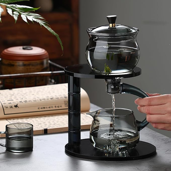 Lazy Kungfu Drip TeaPot, Heat Resistant Tea Set, Semi-Automatic Glass Teapot Suit for Magnetic Water Flow Wooden Glass Teapot Set