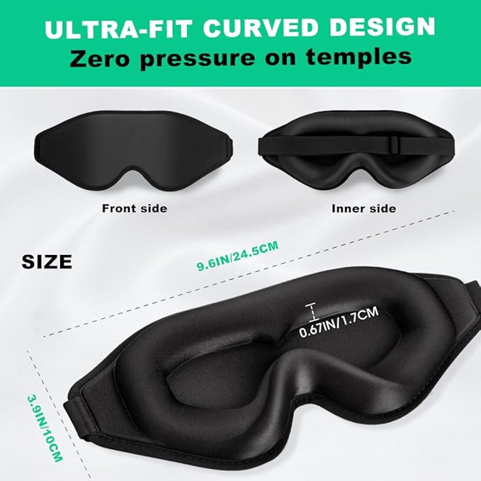 3D Contoured Sleep Eye mask Side Sleeper Men Women Zero Eye Pressure high Density Memory Foam Soft Breathable Light Blocking Night Blindfold Travel Yoga Napping Black - Bloomnest