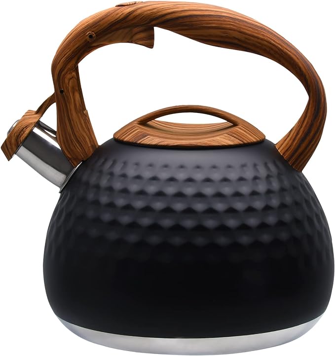GGC Tea Kettle for Stove Top, Loud Whistling Kettle for Boiling Water Coffee or Milk, 3.1 Quart 3L Heavy Stainless Steel Black Kettle with Wood Pattern Handle, Unique Button Control Kettle Outlet - Bloomnest