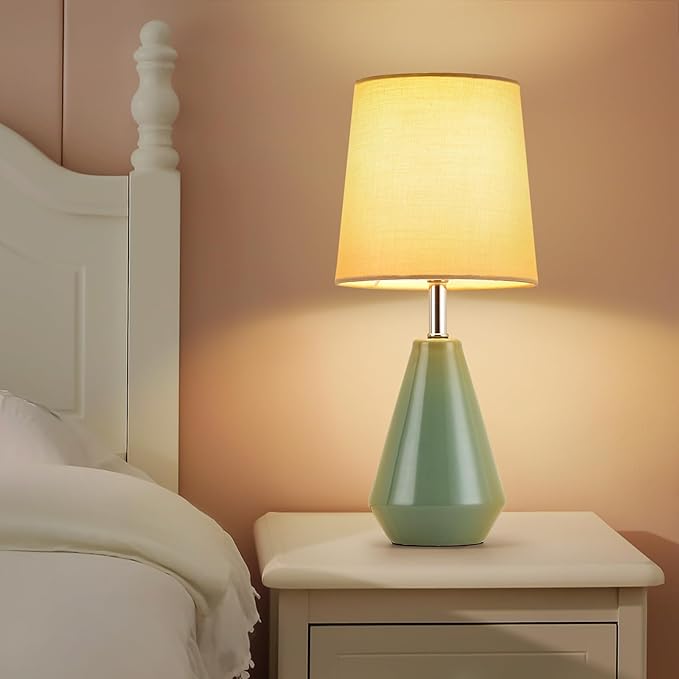 Small Bedside Table Lamp for Bedroom-Reading Desk Lamp Set of 2,with 3 Color Temperatures,15.5" Nightstand Ceramic Lamp with Fabric Shade for Kids Room,Living Room,Dorm,Home Office (Green) - Bloomnest