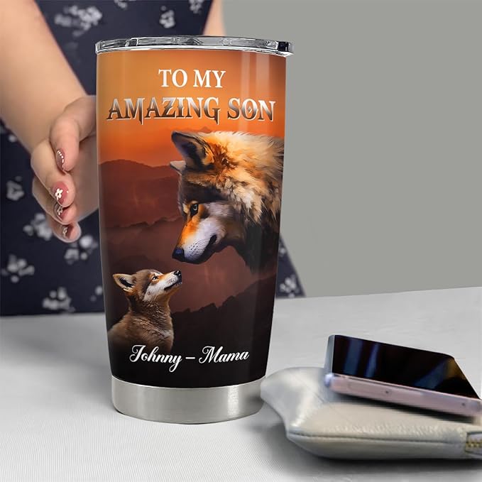 SANDJEST Personalized Wolf Tumbler To Son From Mom 20oz 30oz Tumblers with Lid Gift for Son Christmas Birthday - Bloomnest