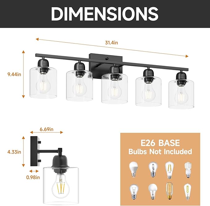 Modern 5 Light Bathroom Vanity Light, 31 inch Black Bathroom Light Fixtures with Clear Glass for Mirror Kitchen Living Room Hallway Cabinet Porch - Bloomnest