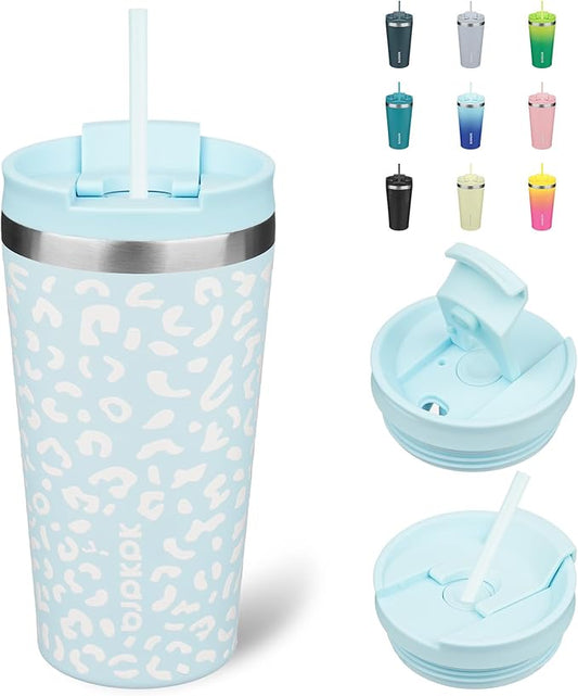 BJPKPK 18oz Tumbler With lid And Straw Stainless Steel Travel Coffee Mug Insulated Tumblers Cups,Light Blue Leopard - Bloomnest