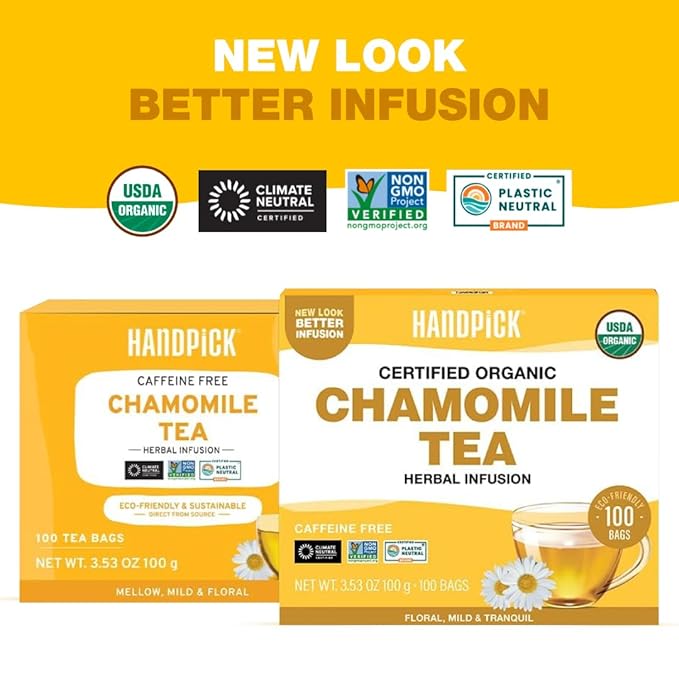 HANDPICK, Organic Chamomile Tea Bags (100 Herbal Tea Bags) Caffeine Free| Premium Floral Chamomile Herbal Tea in Eco-Conscious Teabags | Direct from Source - Bloomnest