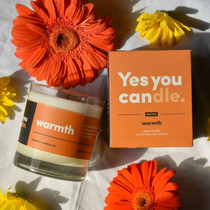 Warmth, Inspirational 8oz Highly-Scented Soy Candle, Made in USA, Great Message, Pure Essential Oils, Aromatherapy, 100% Pure, Buttered Rum & Tangerine - Bloomnest