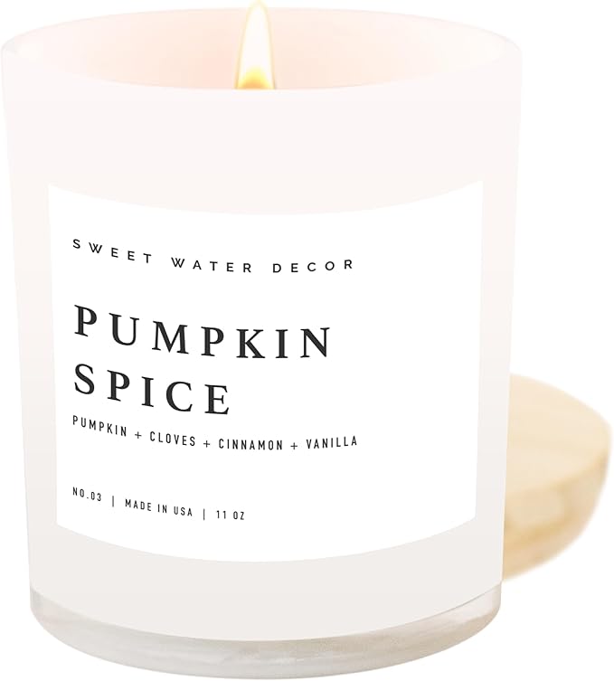 Sweet Water Decor Pumpkin Spice Candle - Fall Candles with Pumpkin, Clover, Cinnamon & Vanilla Scent for Home - Pumpkin Candle with 50 Hours Burn Time - 11Oz Wood Lid White Jar Soy Candles - Bloomnest