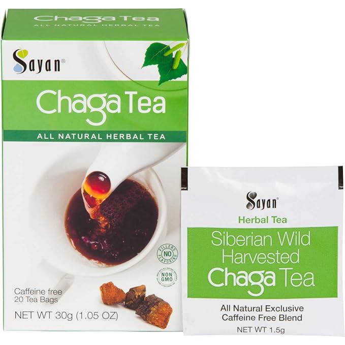 Sayan Siberian Chaga Mushroom Tea 1.05 Oz / 30g – 20 Unbleached Bags, Wild Harvested Organic Antioxidant No Caffeine. Raw and Extract Blend. Immune, Digestion Support. Detox, Focus Energy Boost - Bloomnest