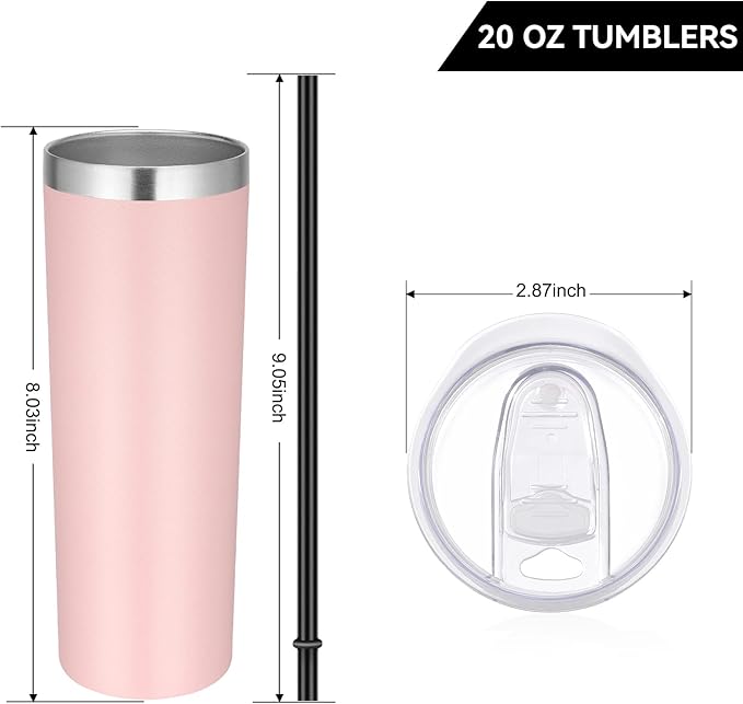 VEGOND Stainless Steel Tumblers Bulk 12 Pack, 20 oz Vacuum Insulated Skinny Tumblers with Lid and Straw, Double Wall Coffee Mug, Travel Water Cup, Light Pink - Bloomnest