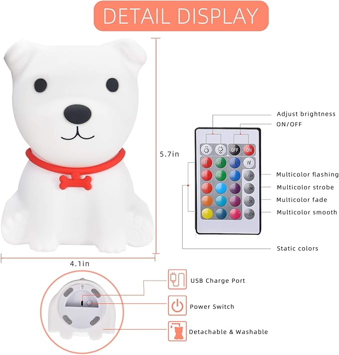 Tremdwoto Dog Night Light for Kids,Cute Colorful Night Light with Remote Baby Girl Squishy Night Lights Lamp Puppy Light Dimmable Nursery Lamp Nightlight Gift for Boys and Girls Kawaii Bedroom Decor - Bloomnest