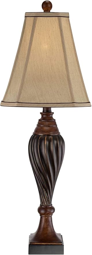 Regency Hill Traditional Style Table Lamp 28.5" Tall Carved Two Tone Brown Urn Shaped Ball Beige Fabric Rectangular Shade for Living Room Bedroom House Bedside Nightstand Home Office - Bloomnest