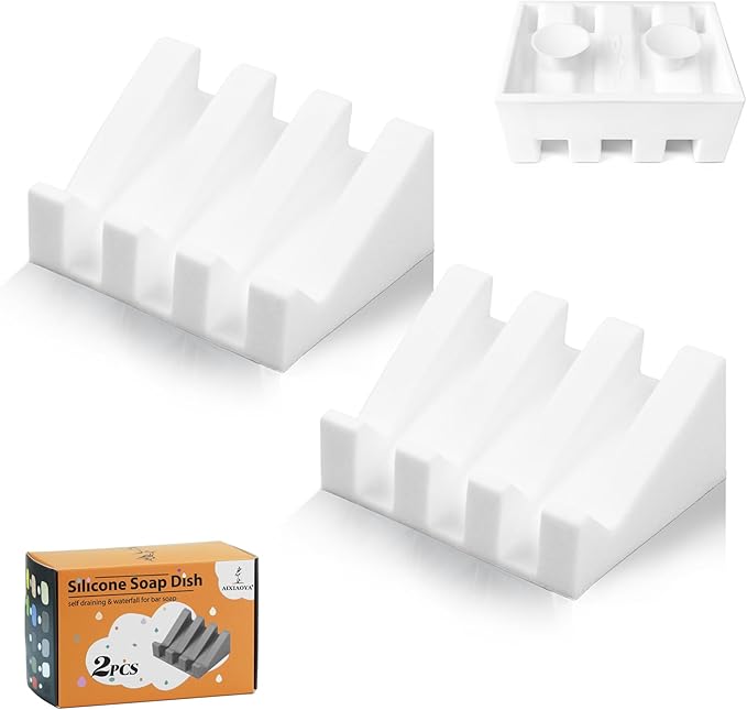 Silicone Soap Dish with Drain, Upgrade Double Suction Cups at The Bottom for Anti-Slip and Stability, Soap Dish Shower Waterfall Bar Soap Holder Tray with Drain Soap Holder (2, White) - Bloomnest
