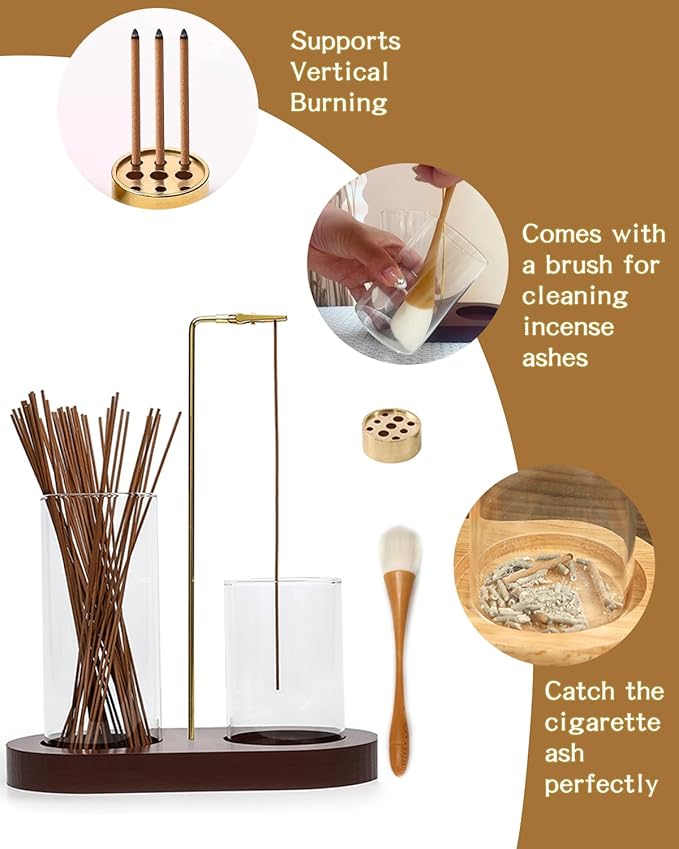 2 in 1 Glass Incense Holder for Sticks with 9-Hole Upright Burner, Ash Catcher, Brush & Greeting Card, Meditation & Yoga Accessories,Gift for Home Decor (Dark Base) - Bloomnest