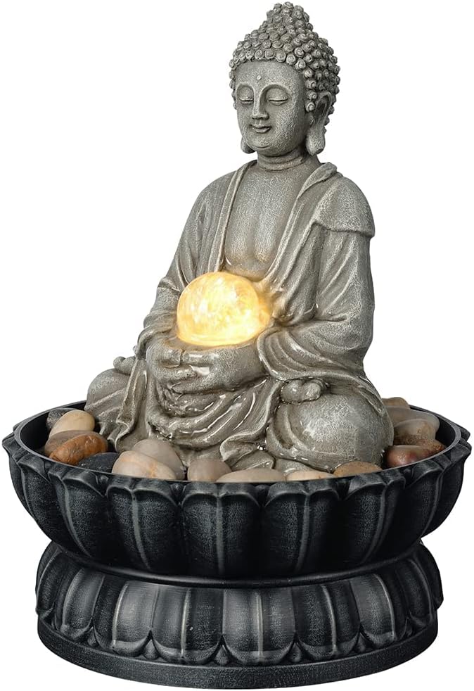 Kalona Tabletop Buddha Waterfall Fountain, Meditating Buddha Zen Fountain with LED Glass Orb, Relaxing Desk Water Feature for Home Office Decor(21127B) - Bloomnest