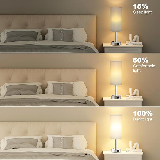 Fenmzee Light Grey Table Lamp for Nightstand - 3 Way Dimmable Touch Bedside Lamp USB C and A Charging Ports and AC Outlet, Small Desk Lamp with Silver Base for Office Nursery, LED Bulb Included - Bloomnest