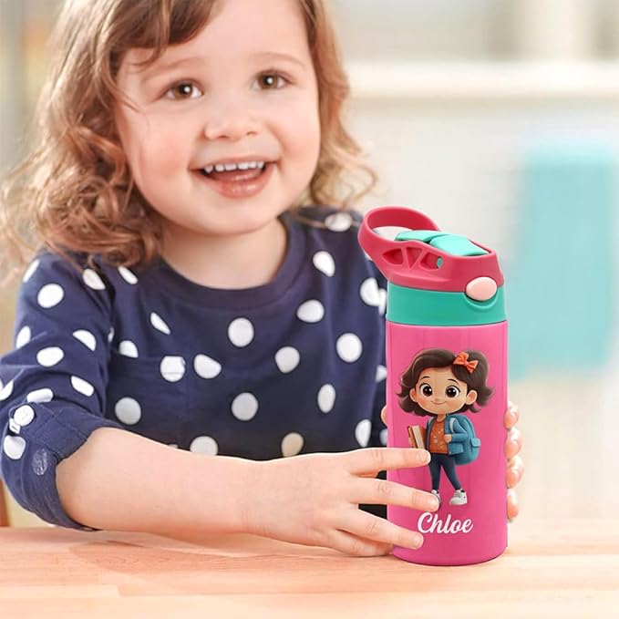 callie Personalized Insulated Kids Water Bottle with Cartoon Character, Custom 12 oz Leak Proof Lid Stainless Steel Cups with Straw, Gifts for Boys Girls - Bloomnest
