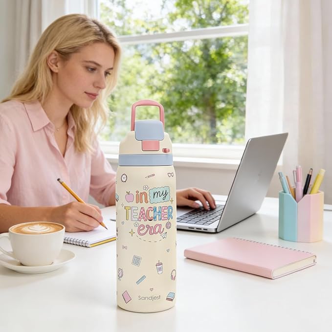 Teacher Stainless Steel Water Bottle, In My Teacher Era, Vacuum Insulated, Push-Button Lid, 32 oz, Gifts for Women Girls Friends Back to School Appreciation Birthday Christmas SANDJEST