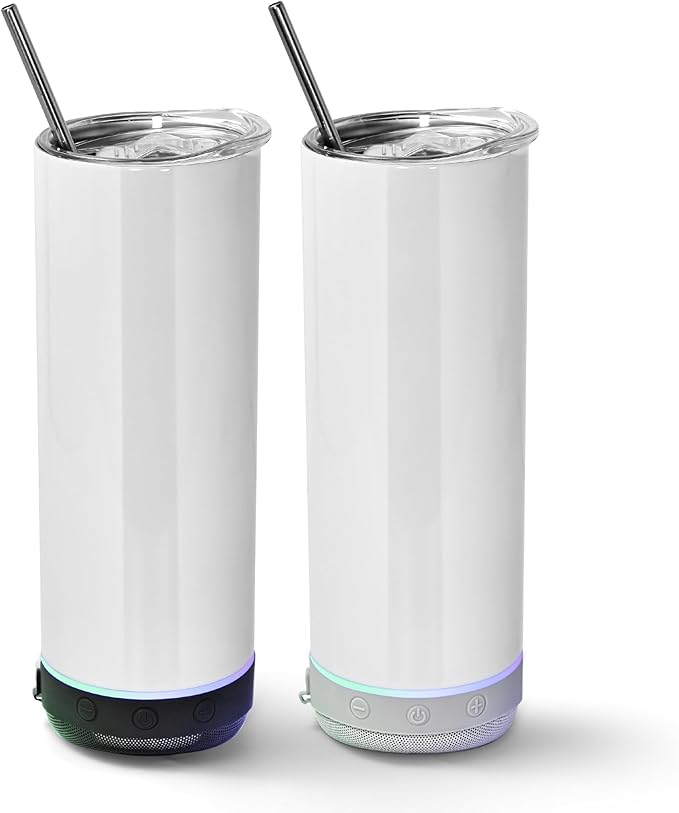 AGH 2 Pack Music Speaker Tumbler with Straw and Lid, 20oz Sublimation Skinny Stainless Steel Double Wall Cup with Detachable LED Light, Suitable for DIY Gifts (Black & Gray) - Bloomnest