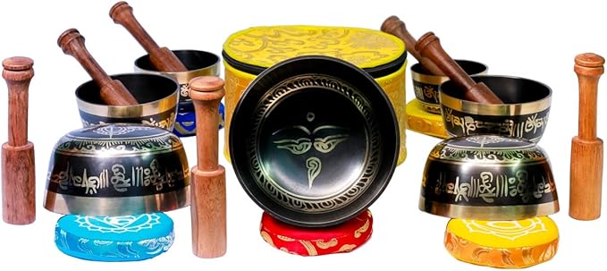 Chakra Healing Tibetan Singing Bowl Sets 7 Sets of Meditation Bowls From Nepal (Black painted) Bloomnest