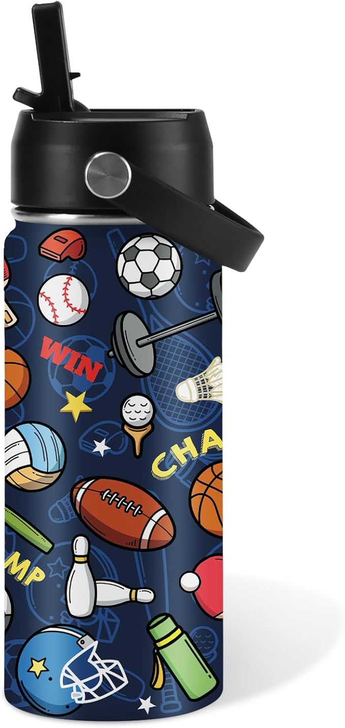 Sports Gifts for Men & Women - 16oz Water Bottle with Straw Lid, Stainless Steel Insulated Tumbler, Leakproof, BPA-Free, for Her, Daily Use, Travel - Sport Lovers Birthday Gift Cup (1pc) - Bloomnest