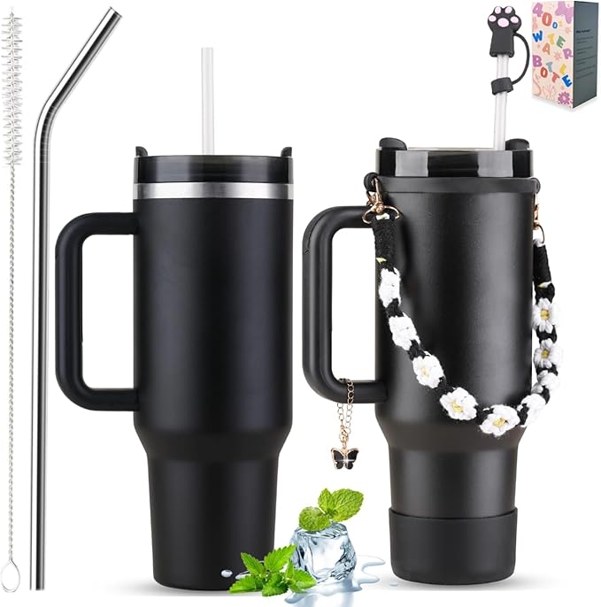 40 oz Tumbler Insulated Mug w/Straw & Flip Cap Lids - Cup Holder Bottle with 6 Accessories Set for Hot, Cold Drink - Leak-Proof - Water, Coffee Portable Travel Mug (Midnight Black) - Bloomnest