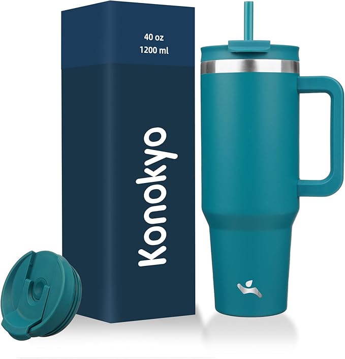 40 oz Tumbler with Handle and 2 Straws,2 in 1 Lid Insulated Water Bottle Stainless Steel Travel Coffee Mug,Blue - Bloomnest